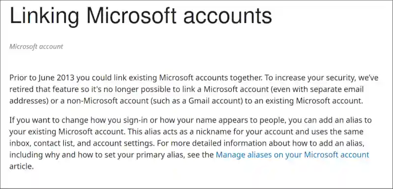 Picture showing Microsoft's website stating you could merge accounts prior to June of 2013.